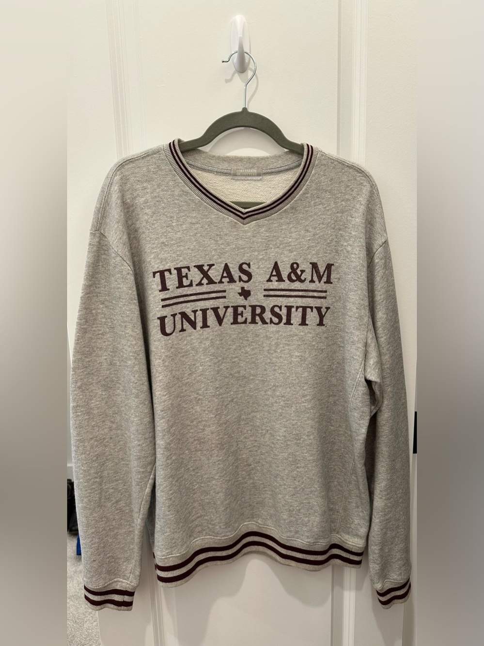 Texas A&M University Men’s V-Neck Sweater - Grey with Maroon Trim